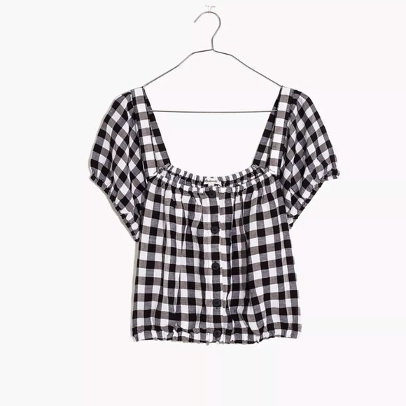 Madewell Tops - Madewell Linen-Blend Puff-Sleeve Button-Front Crop Top in Gingham Check